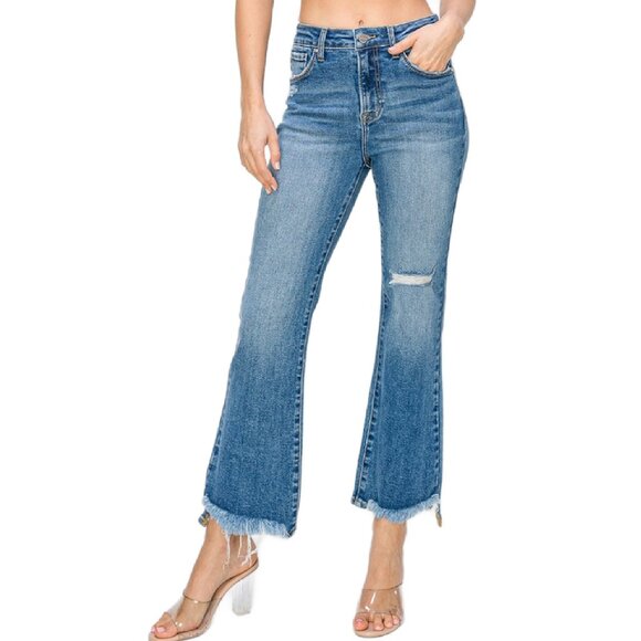 Risen High Rise Crop Flare Jeans With Distressed Knee - Picture 6 of 6